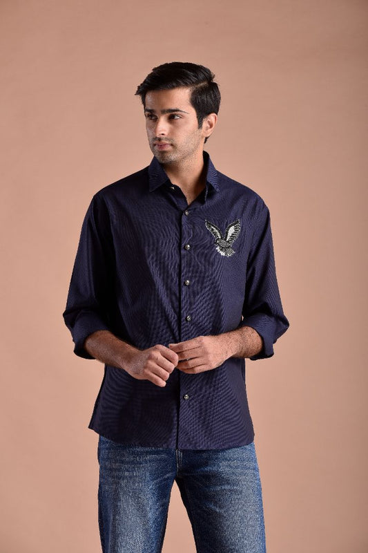 NAVY BLUE SHIRT WITH EMBROIDERED EAGLE DESIGN